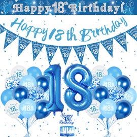 Decorazioni per 18° compleanno, palloncini blu per 18° compleanno, striscione di buon compleanno per decorazione per feste blu, numero 18 palloncino triangolo bandiera coriandoli palloncini per