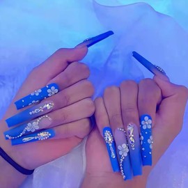 Press on Nails Long Ballerina, 24PCS Full Cover Reusable Fake Nails Kits, Glue On Nails with AB Rhinestone Designs, Artificial Fingernails Acrylic Fake Nails for Women, Stick on Nails Coffin Shape