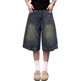 Hugboom Baggy Jean Shorts for Women Jorts Y2k Low Rise Wide Leg Denim Shorts Goth Summer Jeans Loose Streetwear Retro Blue-M