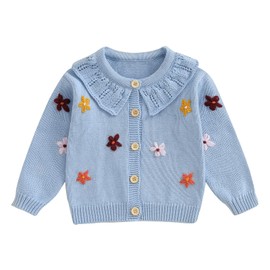 Toddler Baby Girl Cardigan Sweater Cute 3D Flower Design Long Sleeve Infant Fall Clothes Knitted Tops Blue