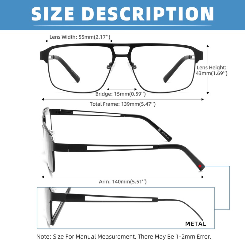 MODFANS 3er-Pack Lesebrille Herren Blaulichtfilter Metallrahmen Rechteck Stil Edelstahl Material