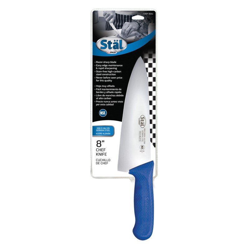 Winco 8" Commercial-Grade Chef's Knife with German Steel Blade, Blue