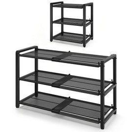 Gewudraw 3 Tier Expandable Shoe Rack, Adjustable Heavy Duty Metal Shoe Organizer for Closet, Shoe Storage for Entryway, Garage, Bedroom, Door Entrance, Black