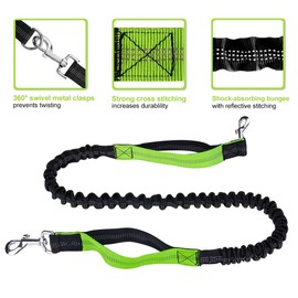 Hands Free Dog Leash for Running Walking Training Hiking, Dual-Handle Reflective Bungee, Poop Bag Dispenser Pouch, Adjustable Waist Belt, Shock Absorbing, Ideal for Medium to Large Dogs (Black+Green)