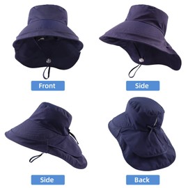 PEECABE Foldable Women Sun Hat UV Protection Womens Wide Brim Hats with Neck Flap Ponytail Hat Beach Fishing Cap Waterproof (Navy)