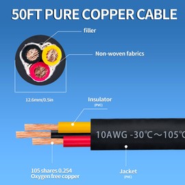 10 Gauge 3 Conductor Electrical Wire 10/3 Wire 50FT 600V 10 AWG 3 Wire Cable for Motor Leads, Portable Lights, Battery Chargers, Machinery，Large Speakers, Etc (10AWG-3C, 50FT)
