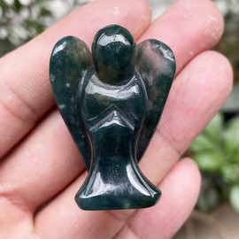 Fekuar Natural Moss Agate Healing Crystal Prayer Guardian Angel Statue, Carving Pocket Palm Stone Figurines Decoration 1.5 inches
