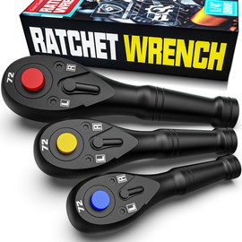 Aiourx 3PCS Stubby Ratchet Set, 1/4'', 3/8'', 1/2'' Drive Mini Ratchet Handle Wrench, 72-Tooth Quick Release Reversible, CR-V Steel, Mechanical Maintenance, Bicycle Repair, DIYer