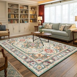 OMERAI Washable Rug 6x9 Area Rugs for Living Room, Low Pile Soft Vintage Machine Washable Area Rugs for Bedroom,Non-Slip Living Room Carpet, Stain Resistant Thin Washable Green Rug