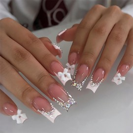 24 Pcs French Tip Press on Nails Long Coffin Fake Nails with Glitter Rhinestones Designs White Bow False Nails Glue on Nails French Acrylic Full Cover Stick on Nails for Women Nail Art Decoration