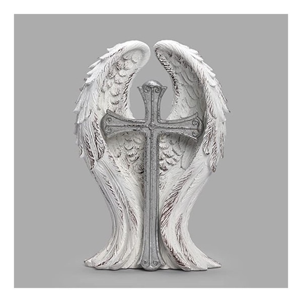 Roman Tabletop Cross Wings with Silver Cross Figurine, 9-inch Height,