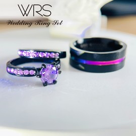 wedding ring set His Hers Couples Matching Rings Women's 18k Black Gold Filled Violet CZ Wedding Engagement Ring Bridal Sets & Men's Tungsten Carbide Wedding Band, women's size 7 & men's size 7, Paper, Cubic Zirconia