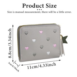 FuninCrea Women's Purse with Star Pendant, PU Leather Bag with Slots, Small Card Holder with Zip, Purse for Women with Embroidered Heart Pattern, gray, Minimalist