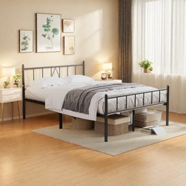 California King Size 14" Height Bed Frame, Classic Metal Platform Bed Frame with Iron-Art Headboard, Sturdy Duty Bed Frame, No Box Spring Needed, Strong Bearing Capacity, Under Bed Storage, Black