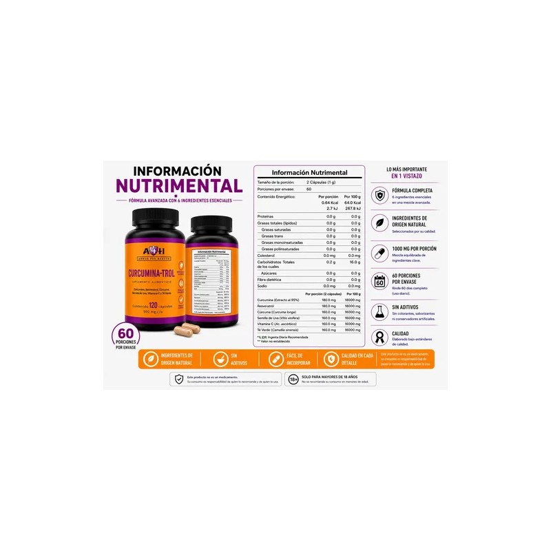 Suplemento A4h Resveratrol Curcumina Antioxidante 120 Caps