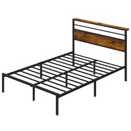 RoyalCraft Queen Bed Frame, Vintage Industrial Platform Bed with Storage, Wooden Headboard, Retro Storage, LED Lights, Charging Station, and Quiet Design