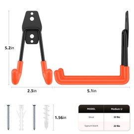 YouthZeal 8 Pack 5.2x5.1 Inch U Garage Hooks,Utility Steel Heavy Duty Wall Mount Hangers,with Anti-Slip Coating,for Hanging Bike,Ladder,Ropes,Bulk Items,Power,Yard and Garden Tools