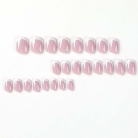 French Tip Press on Nails Short Square Fake Nails with Pink False Nails Design Full Cover Acrylic Artificial Nails Glossy Glue on Nails Stick on Nails for Women Manicure Decoration 24Pcs