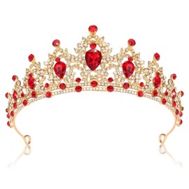 Crown, Rhinestone Wedding Crowns, Wedding Tiara Headband for Brides, Tiaras for Women Red Gold Crown Queen Birthday Crown Crystal Headband, Crown for Wedding Prom Birthday, Head Pieces for Women Fashion, Red Rhinestone Hair Accessories Jewelry Princess D