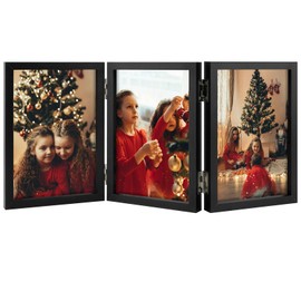 Space Art Deco Triple 4x6 Picture Frame, 3 4x6 Folding Photo Frame, Standing Vertically on Desktop or Tabletop, Home Decorative Christmas Holiday Gift, Black