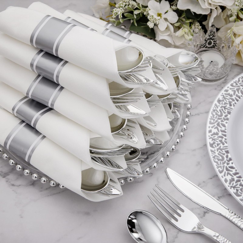 Supernal 60 Pack Pre-Rolled Silver Plastic Cutlery Heavy Duty Wrapped