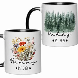 Yanprint Daddy Mommy Est.2026 Mug Set, New Parents Gifts First Time 2026, Pregnancy Announcement Mug Set, Baby Announcement Gifts For Dad Mom Est 2026 Tea Cup 11 OZ
