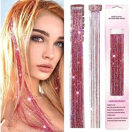 HASTHIP® 6 extensiones de cabello con purpurina y clip, color rosa, 52 cm, brillantes, para festivales