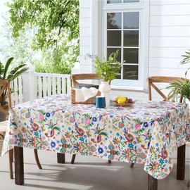 Newbridge Easter Animal Folk Print Vinyl Tablecloth with Flannel Backing, 52 x 52 Inch Square, Mexican Otomi Birds, Hearts, Floral Design, Wipe Clean Tablecloth for Parties Picnics and Barbecues