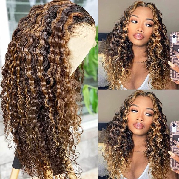 Pizazz Honey Blonde Lace Front Wigs Human Hair Pre Plucked 4/27 Ombre Highlight HD Lace Frontal Wigs with Baby Hair 180 Density 13x4 Deep Wave Frontal Wig(16 Inch, Brown mix gloden color)