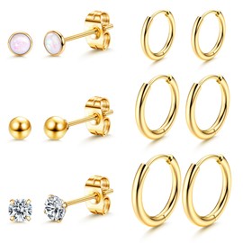Dochais 6 Pairs Stainless Steel Earrings Women's Gold Silver Set Earrings Gold Hoop Earrings Small Hoop Earrings 8 mm 10 mm 12 mm Hypoallergenic Stud Earrings CZ Ball Cartilage Sleeping Earrings for