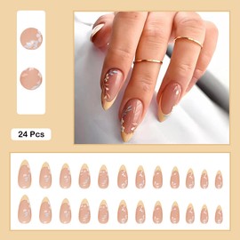 Press On Nails Almond Medium Long Light Yellow Leaf French Tip Fake Nails, Spring Summer Acrylic Full Cover False Nails Set, Natural Perfectly Fashion Reusable Stick On Nails Suitable for Women