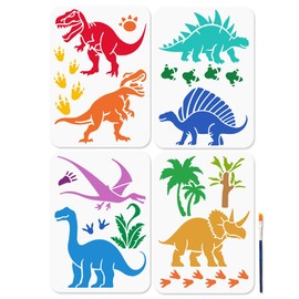 MAYJOYDIY 4Pcs Dinosaur Stencils 11.7×8.3inch Tyrannosaurus Rex Template Dinosaur Paw Prints Tree Plant Stencils with Paint Brush for Wood Window DIY Craft Photo Album