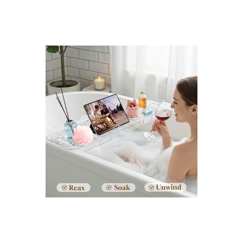 Expandable Clear Acrylic Bathtub Tray Caddy, Foldable Tub Bath Tray
