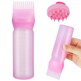 AUSELECT Root Comb Applicator Bottle - 2 in 1 Hair Dye Brush with Scalp Massager, 6oz/180ml Oil Applicator for Hair Dye, Head Massager Root Comb Color with Graduated Scale for Styling (Pink)