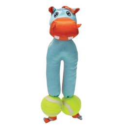 MPP Dog Toy Indoor Outdoor Play Bright Double Tennis Ball Cuddle Chew Tug Toss Fetch (Blue Hippo)