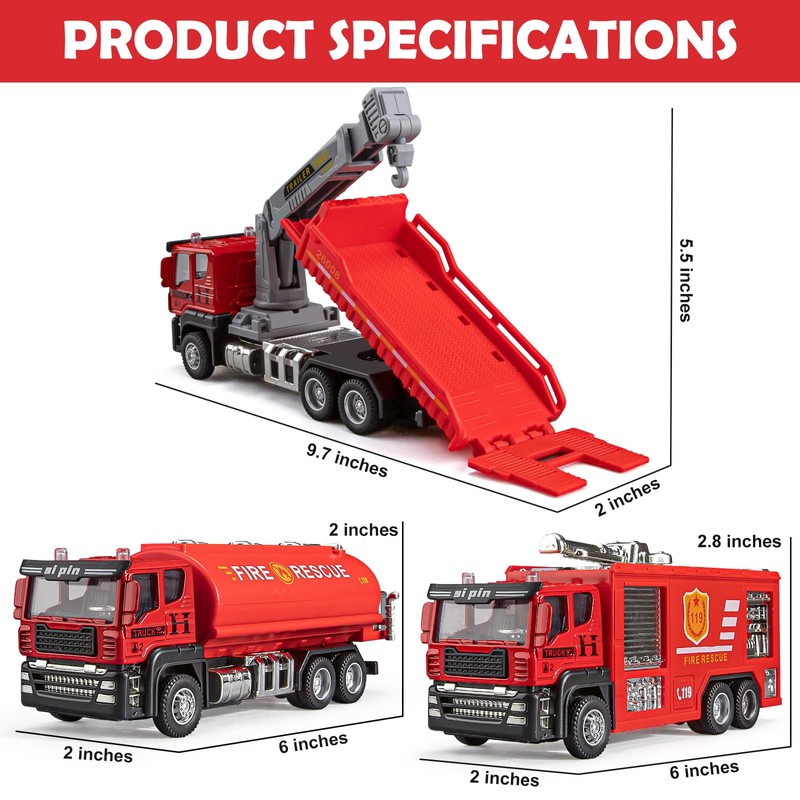 TAKGUD 4 Packs Metal Fire Trucks Playsets, Mini Friction Powered