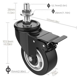COOWOO 3" Stem Caster Wheels with Safety Dual Locking, 1/2" -13 x 1-1/2" Heavy Duty Threaded Stem Casters, No Noise Swivel Castors with Brakes, 250 Lbs Load Capacity Per Caster(Set of 4)