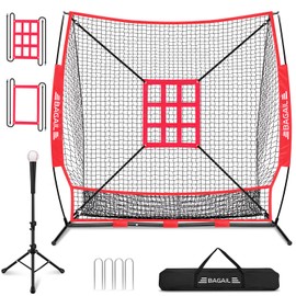 BAGAIL 7x7 ft Baseball & Softball Practice Net with Bow Frame for Batting, Hitting, Pitching, Portable Baseball Throwing Net with 2 Strike Zone Batting Tee, Carry Bag, Great for All Levels