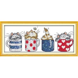 Stitchmelody Stamped Cross Stitch Kits,11CT Printed Pattern DMC Embroidery Set-4 Cats in The Cups 37cm×17cm