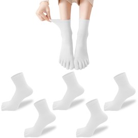 XKAOPUTE 5 Toe Socks, Ankle Length, Crew Length, Women's, Women's, Sports, Running Socks, Short, Cotton, 5 Toe Socks, Breathable, Durable, Odorless, Set of 5 Pairs, White Crew Length, 22.0-24.0 cm