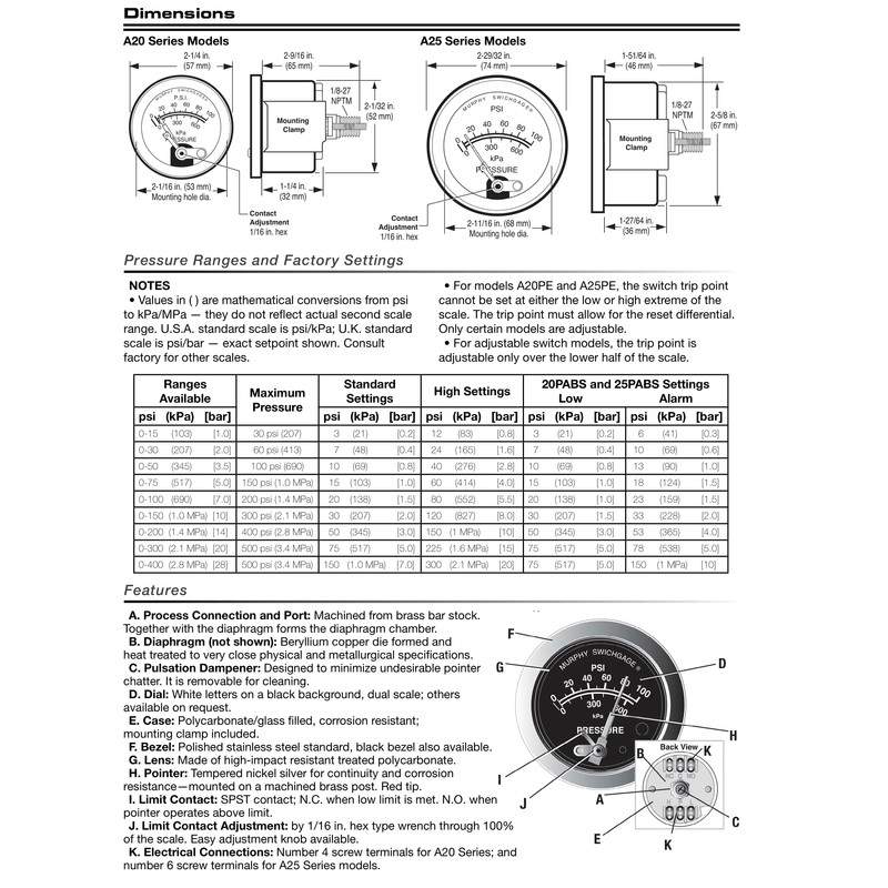 Murphy by Enovation Controls A20P-150 Pressure Swichgage (05704256)