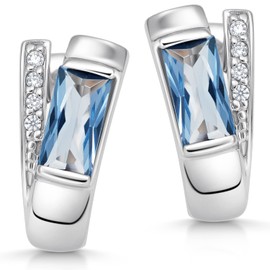 Materia #SO-348 Creole Earrings Rectangular 925 Silver Zirconia Blue Rhodium Plated in Jewellery Box, Cubic Zirconia