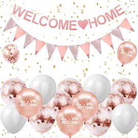 Welcome Home Decorations - Rose Gold Welcome Home Banners Set with Rose Gold Balloons,Welcome Home Glitter Bunting Banner,Welcome Home Balloons Family Party Decorations