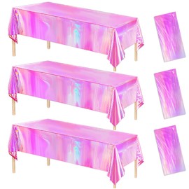 Srua Don Pink Iridescent Party Decorations Tablecloth, 3 Pack Disposable Shiny Hot Pink Holographic Table Cover Party Supplies, for Metallic Mermaid Theme Baby Shower Birthday Wedding, 55in x 86in