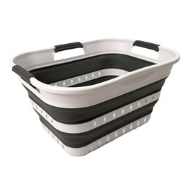 SAMMART Collapsible Plastic Rectangular Laundry Basket - Foldable Pop Up Storage Container/Organizer - Portable Laundry Hamper - Space Saving (White/Steel Grey, 19L)