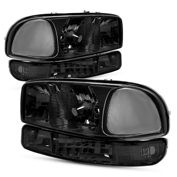 HECASA Headlight Assembly Compatible with 1999-2007 GMC Sierra 2500 3500/2000-2007 Yukon XL Halogen DRL Headlamps Headlight Assembly Left & Right Clear Lens Black Housing Clear Corner Light