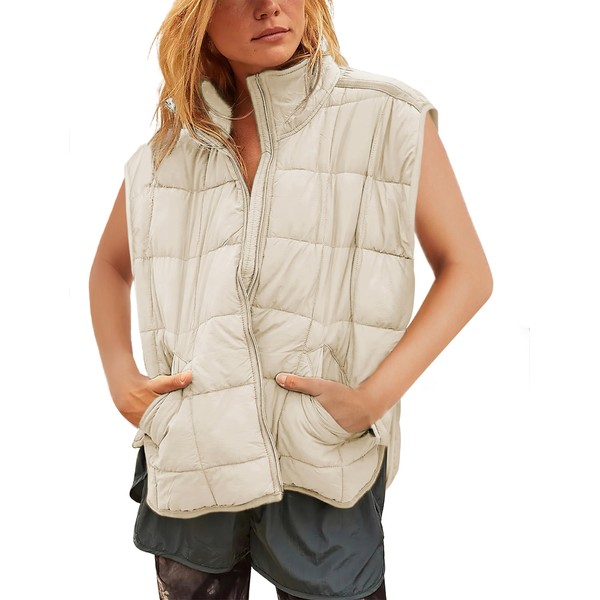 Ailoqing Puffer Vest Women Zip Up Stand Collar Sleeveless Quilted