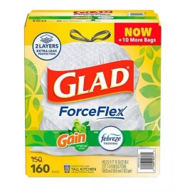 Glad ForceFlex 13-Gallon Kitchen Trash Bags, Gain Original Scent + Febreze, 160
