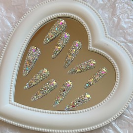 NAIL ANGEL 10PCS/SET Glamorous Handmade Press On Nails Full AB Rhinestones and Gems French Style Long Point Nails Party Nails XXL Artifical Tips ZJ21 (ZJ21, S)