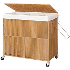 WOWLIVE Laundry Hamper with Wheels, 160L Handwoven Rolling Laundry Basket 3 Section with Lid, Clothes Hamper with Removable Liner Bags, Large Capacity Laundry Sorter Laundry Room Organization, Natural